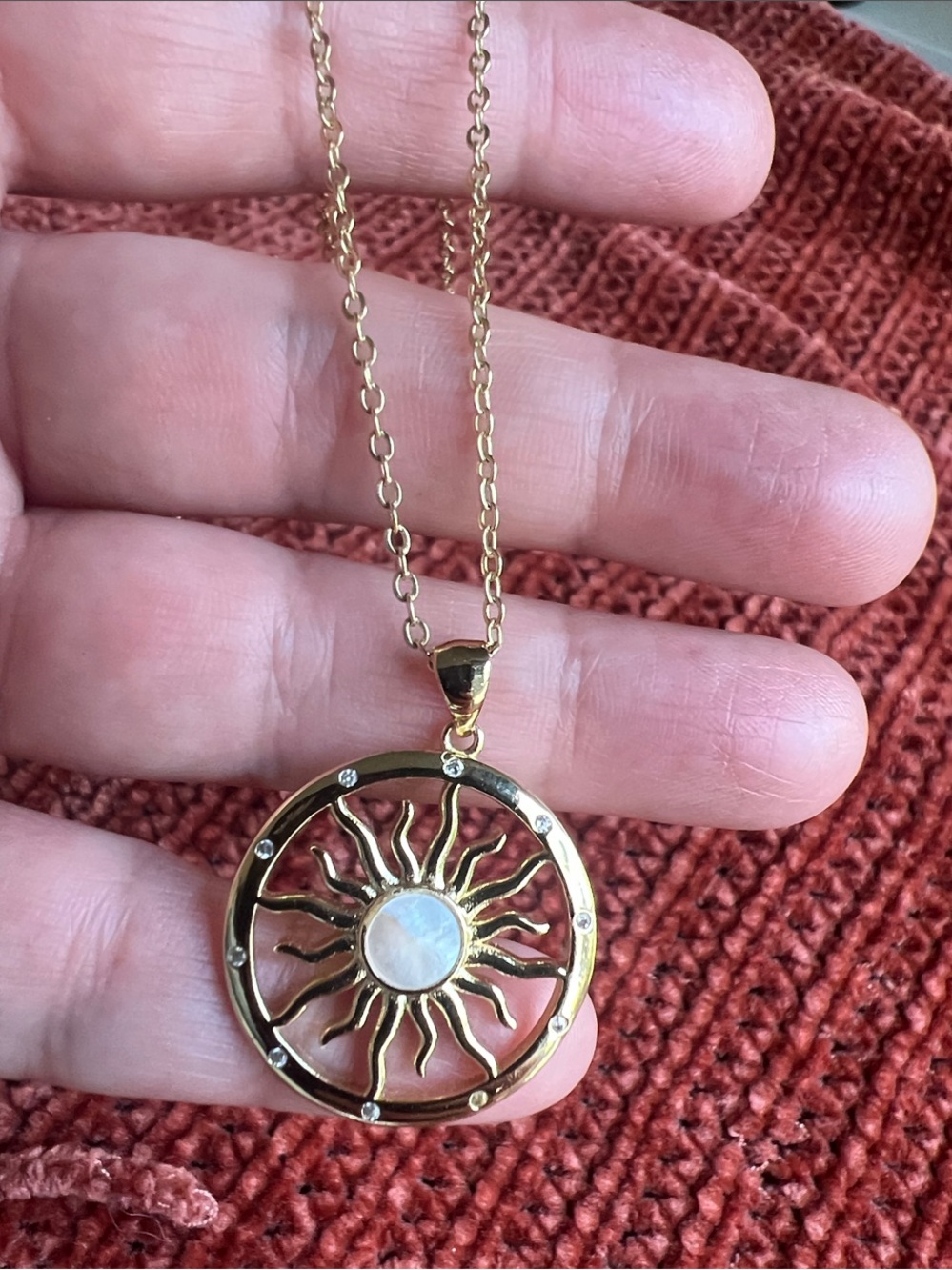 14k Gold plated Sunburst Pendant Necklace with Opalescent Center - Women Jewelry